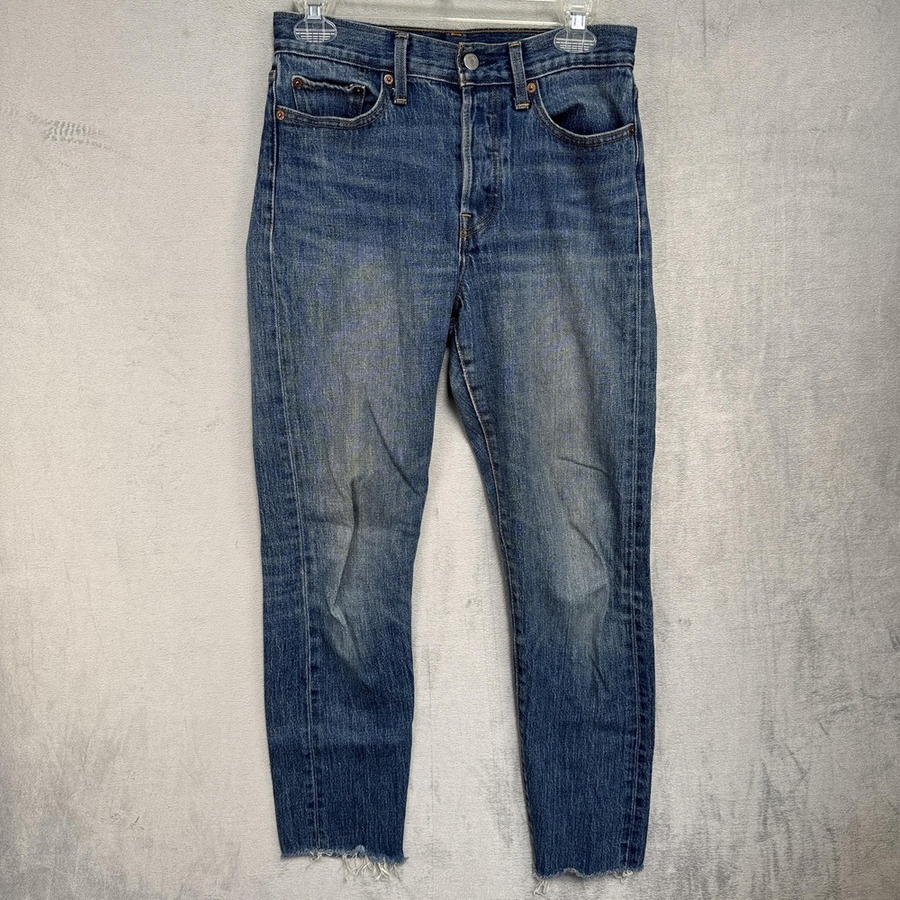 Levis Jeans Womens 27 Blue High Rise Straight Button Fly Raw Hem Stretch Wedgie